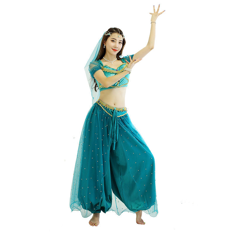 Belly dance performance costume Halloween costume set with colorful embellished top and matching skirt
