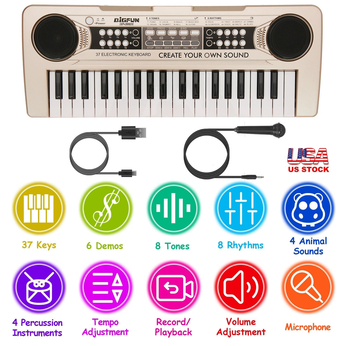 GBruno 37-key digital music electronic keyboard with microphone, suitable for kids aged 3-10, educational electric piano for children.