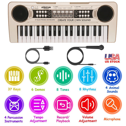 GBruno 37-key digital music electronic keyboard with microphone, suitable for kids aged 3-10, educational electric piano for children.