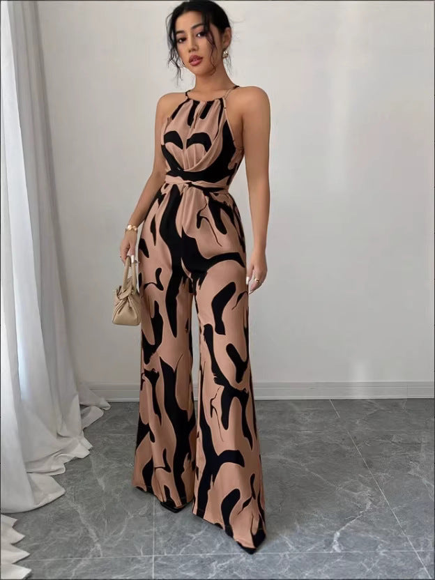 European American style milk-pattern halter neck jumpsuit with tie-back open-back bodysuit design for women