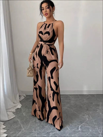 European American style milk-pattern halter neck jumpsuit with tie-back open-back bodysuit design for women