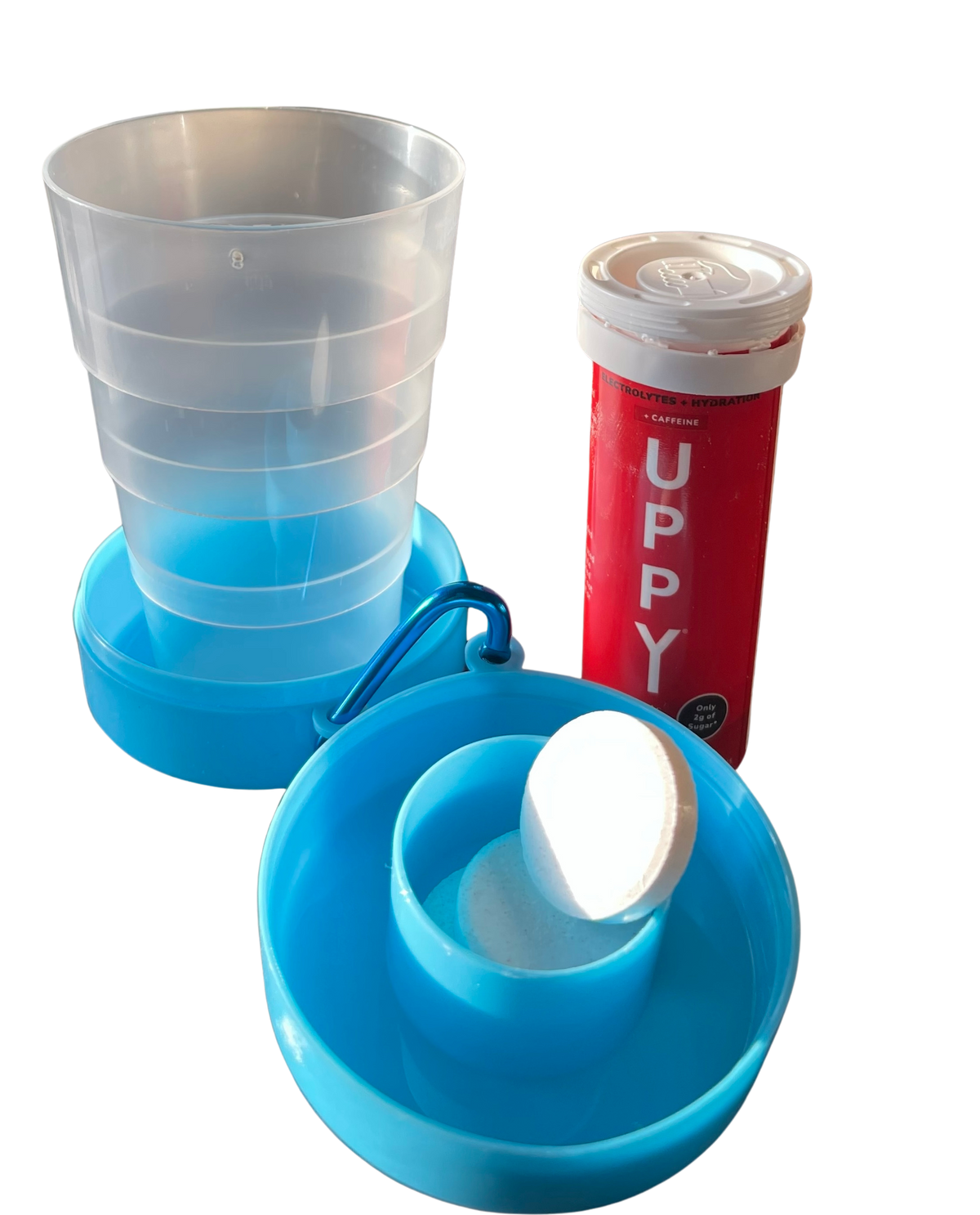 Uppy! On-The-Go Cup with electrolyte effervescent tablet holder, portable hydration bottle with secure lid and built-in tablet compartment.