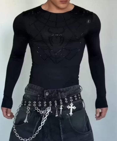 Men's rhinestone spiderweb long sleeve top featuring a sparkling web design on black fabric