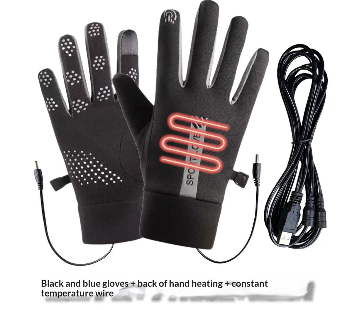 Outdoor waterproof USB three-setting temperature-controlled heated gloves, black pair with insulated cuffs
