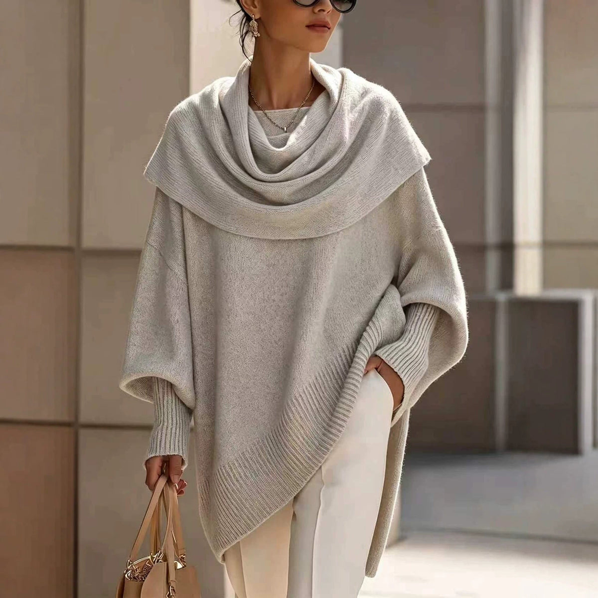 Loose batwing-sleeve asymmetrical pullover top in a relaxed silhouette, front view