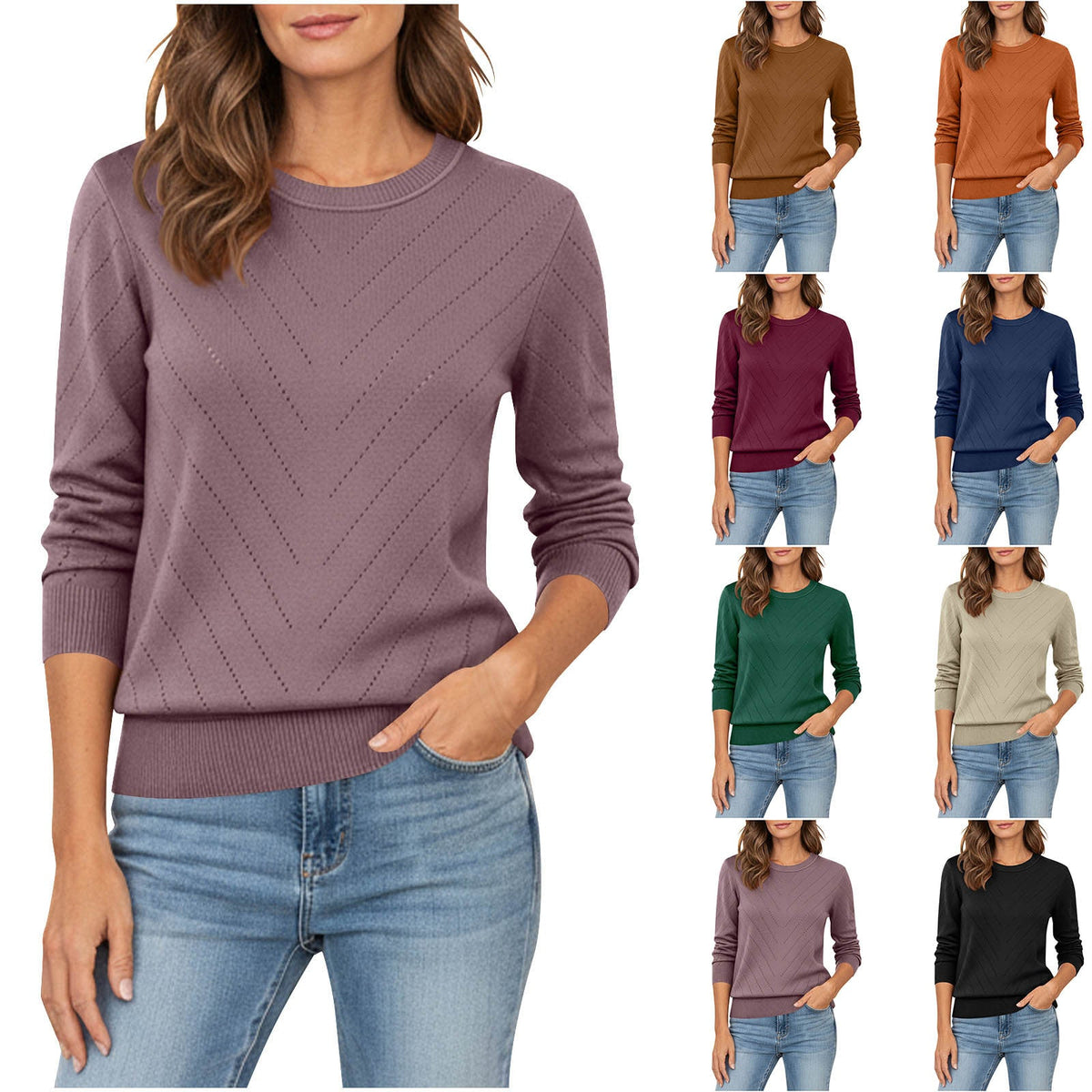 Women's fashion pullover sweater with round neck, long sleeves, and comfortable knitwear for autumn and winter