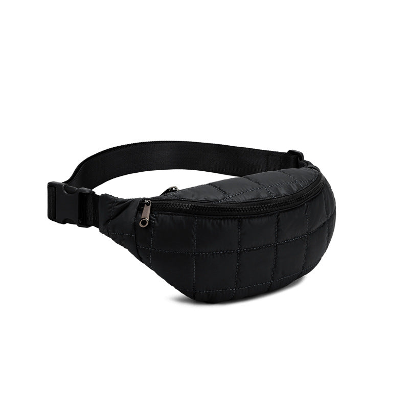 Solid-color casual crossbody waist bag with quilted diamond pattern and adjustable strap