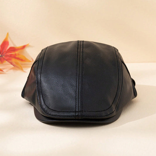 Men's solid color PU leather retro forward hat with adjustable fit for warm, windproof outdoor wear
