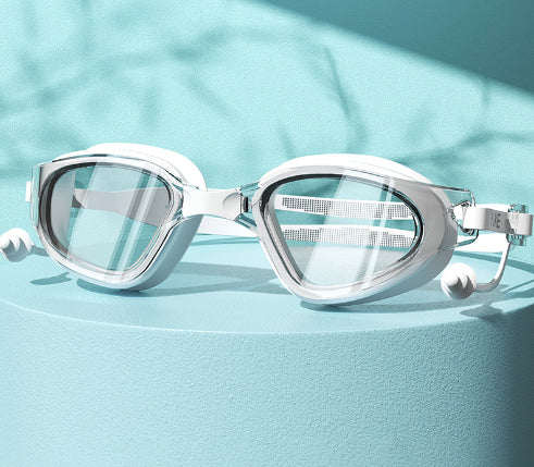 HD fog waterproof large frame swimming glasses, clear anti-fog lenses with adjustable silicone strap
