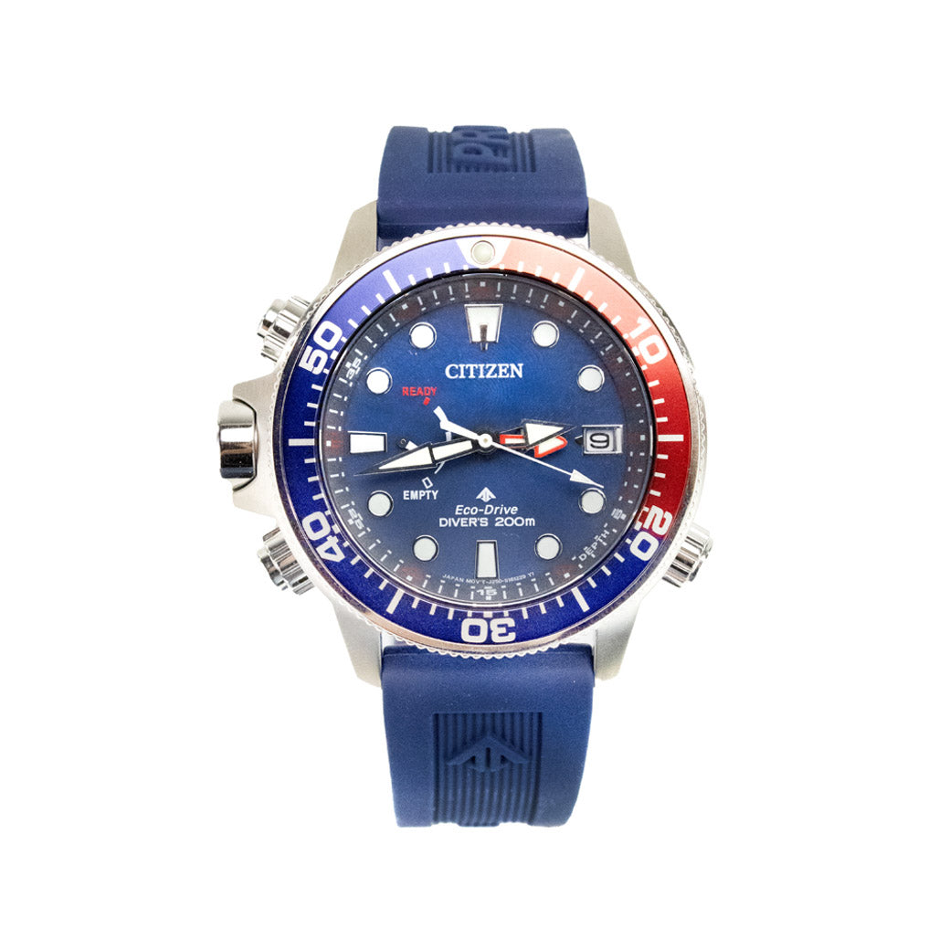 Citizen Promaster Diver Eco-Drive watch with interchangeable strap, showcasing the black dial and stainless steel case.