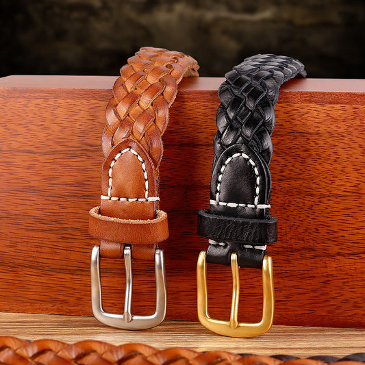 Vintage woven vegetable-tanned leather belt, detailed braided texture and classic brown finish