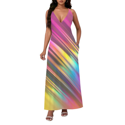 Colorful patterned loose-fitting backless slip dress with a bold design