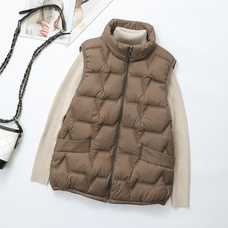 Large-size down cotton vest for fall and winter in a quilted, sleeveless design