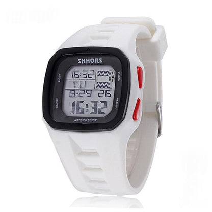 Multifunctional LED digital electronic watch with black display and adjustable wrist strap