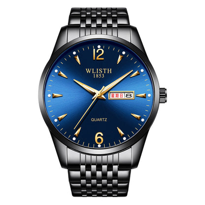 Luminous waterproof quartz watch for men with a leather strap; black dial and classic round case