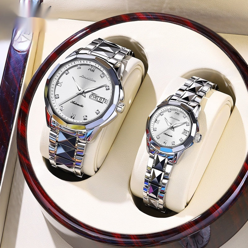 Casual mechanical watch with large dial for couples, featuring classic analog design and stainless steel case
