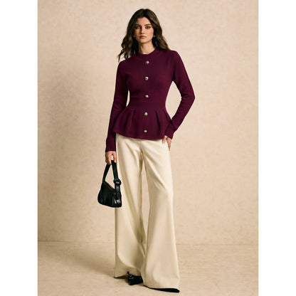 Retro single-breasted chic long-sleeved top by My Store, shown from the front