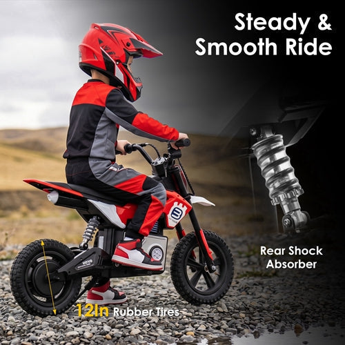 Kids riding a 24V GBruno Store electric motocross ride-on motorcycle designed for children ages 5 to 12 outdoor fun.