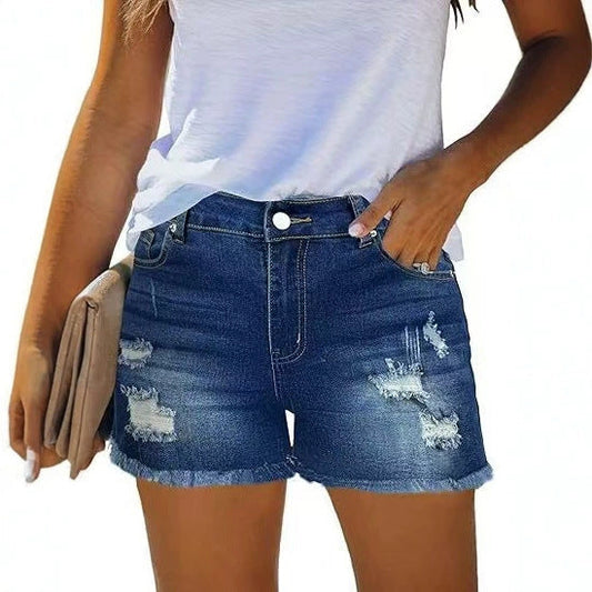 Four-way stretch denim shorts with raw-edge hem, front and back pockets, blue denim fabric