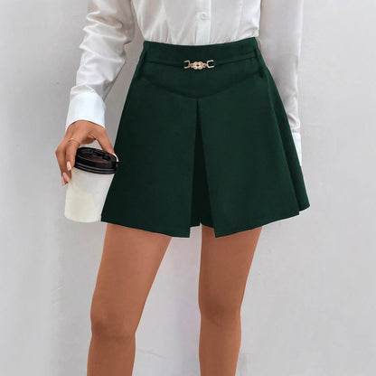 Women's A-line solid-color woven high-waist shorts with metal buckles by My Store