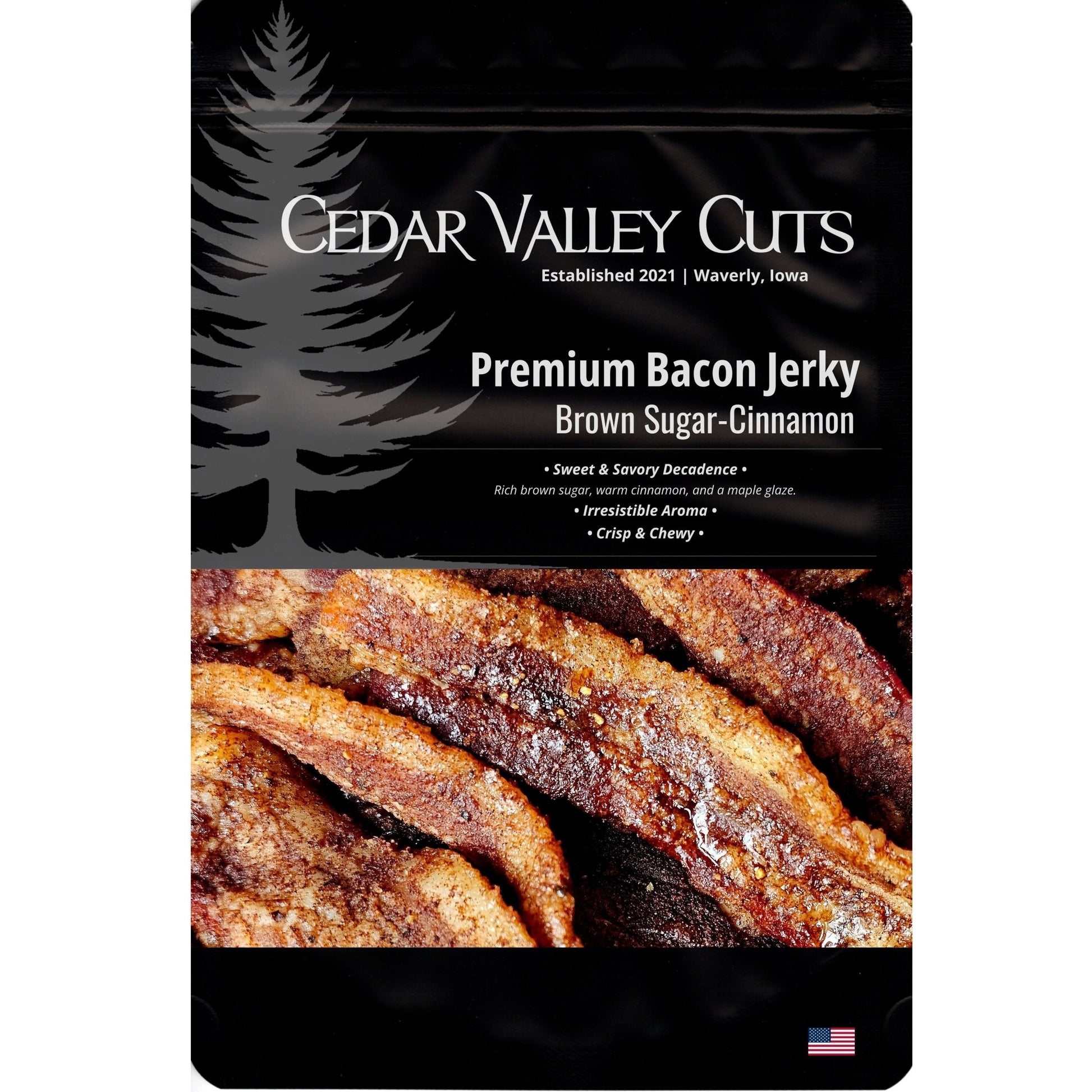 Cedar Valley Cuts Brown Sugar-Cinnamon Bacon Jerky in snack size, showing crispy bacon strips glazed with sweet cinnamon and brown sugar.