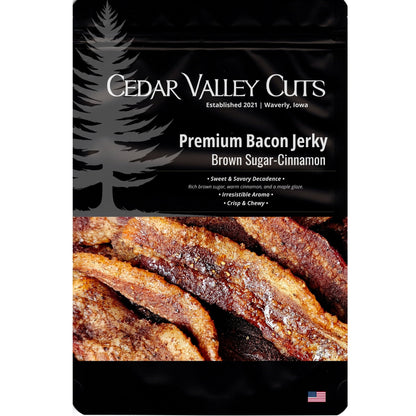 Cedar Valley Cuts Brown Sugar-Cinnamon Bacon Jerky in snack size, showing crispy bacon strips glazed with sweet cinnamon and brown sugar.