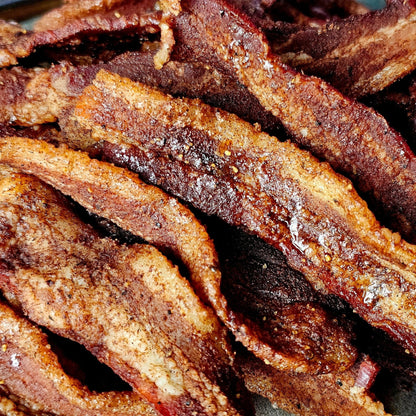 Cedar Valley Cuts Brown Sugar Cinnamon Bacon Jerky, 2oz snack-sized premium bacon jerky with sweet and savory flavor.