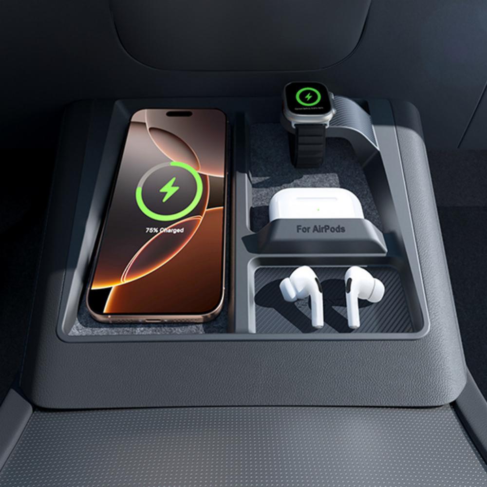 Tesery 3-in-1 wireless charging organizer for Tesla Model 3 Highland and Model Y Juniper interior, with anti-slip design.
