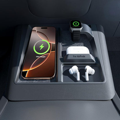 Tesery 3-in-1 wireless charging organizer for Tesla Model 3 Highland and Model Y Juniper interior, with anti-slip design.