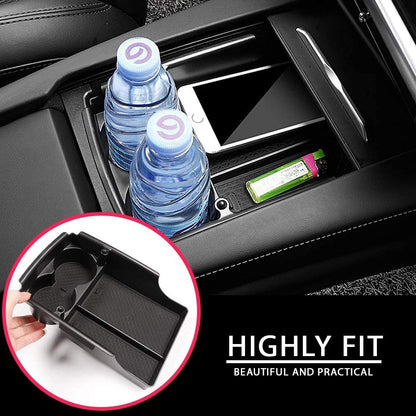 Tesla Model S and X center console armrest storage box, black plastic organizer for 2016-2021 interior storage solutions