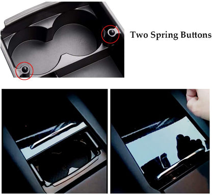 Tesla Model S/X center console armrest storage box, black insert with compartments for organized interior storage.