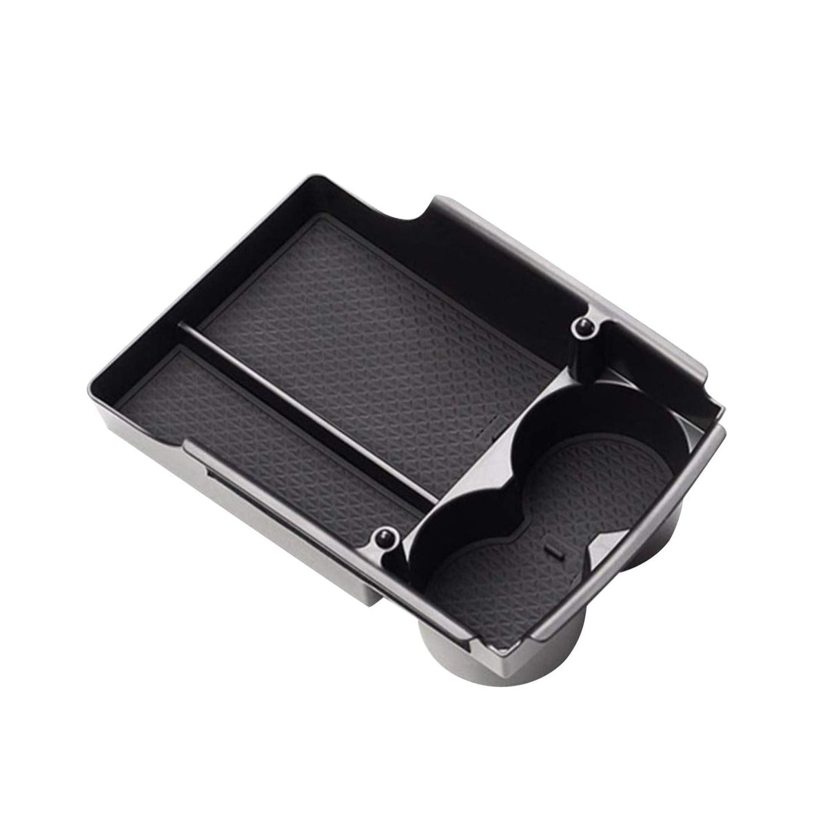 Tesla Model S/X center console armrest storage box, black plastic organizer for 2016-2021 models, provides convenient interior storage.