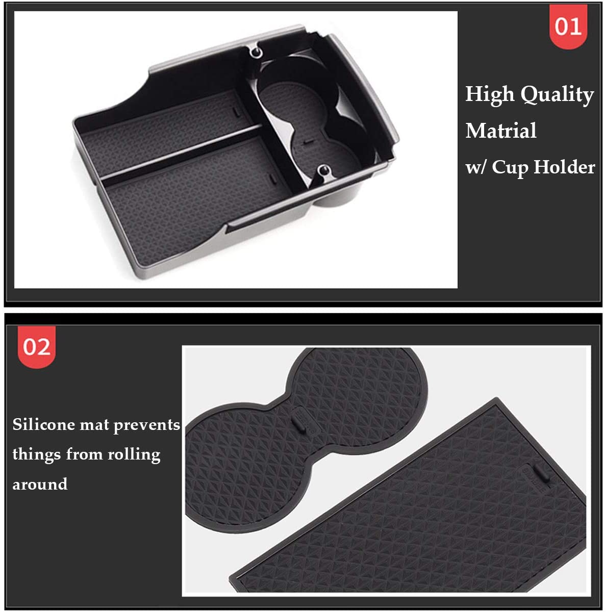 Tesla Model S and X center console armrest storage box by Tesery, designed for 2016-2021 models, showing organized interior storage.