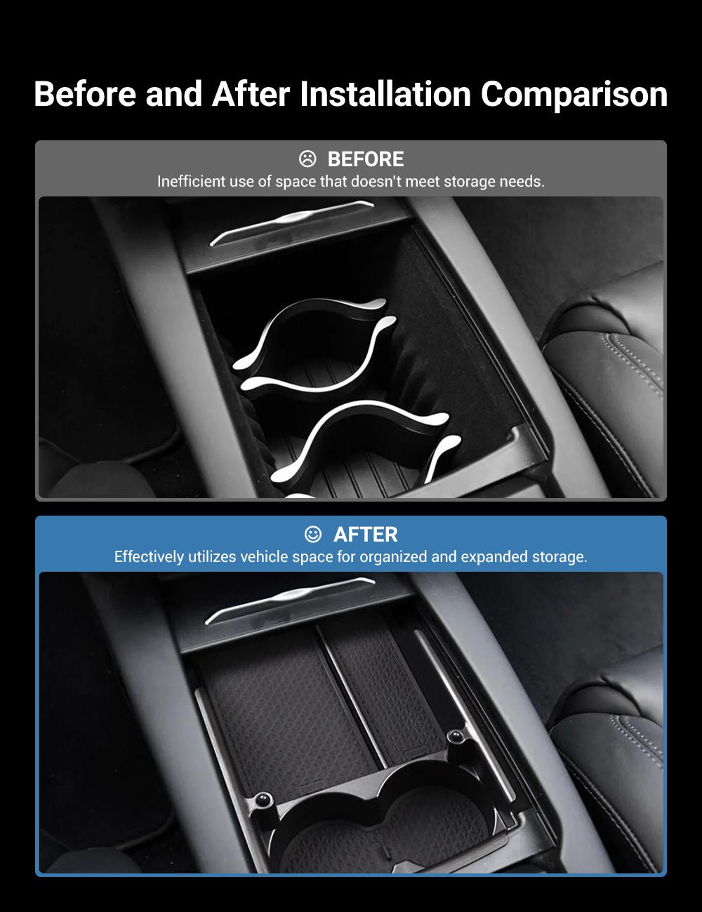 Tesla Model S/X center console armrest storage box, black plastic organizer for extra storage and organization inside the vehicle.