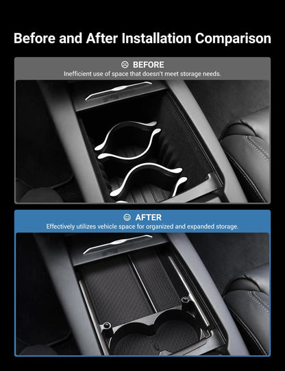Tesla Model S/X center console armrest storage box, black plastic organizer for extra storage and organization inside the vehicle.