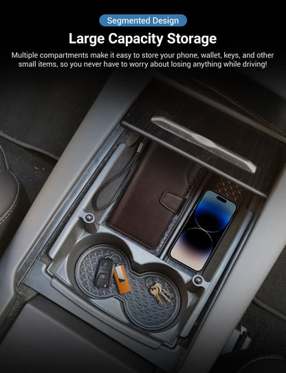 Tesla Model S/X center console armrest storage box by Tesery Official Store, showing the sleek black interior and organized compartments.