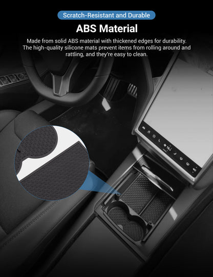 Tesla Model S/X center console armrest storage box by Tesery Official Store, showing the black interior and organized storage compartments.