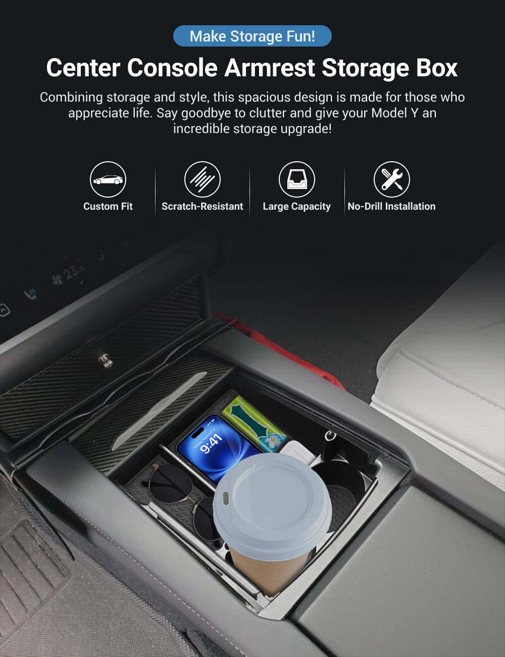 Tesla Model S/X center console armrest storage box by Tesery, showing the black interior and secure fit inside the vehicle.