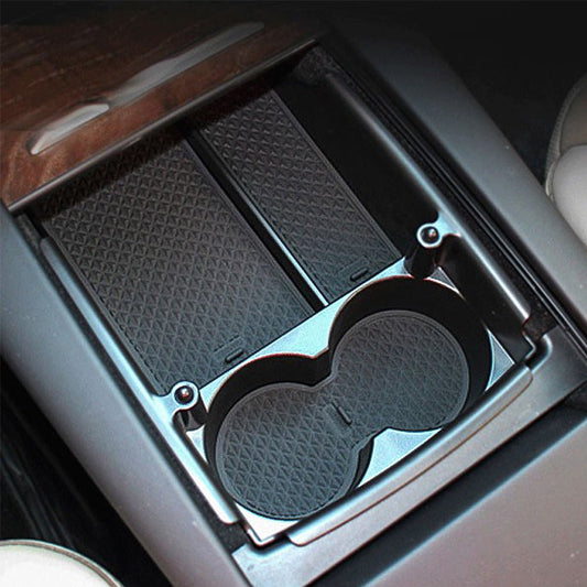 Tesla Model S/X center console armrest storage box by Tesery Official Store, showing the sleek black interior and organized compartment.