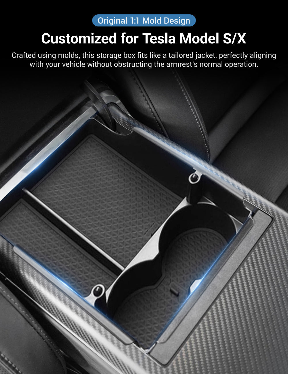 Tesla Model S/X center console armrest storage box by Tesery, showcasing a sleek, organized interior storage solution.