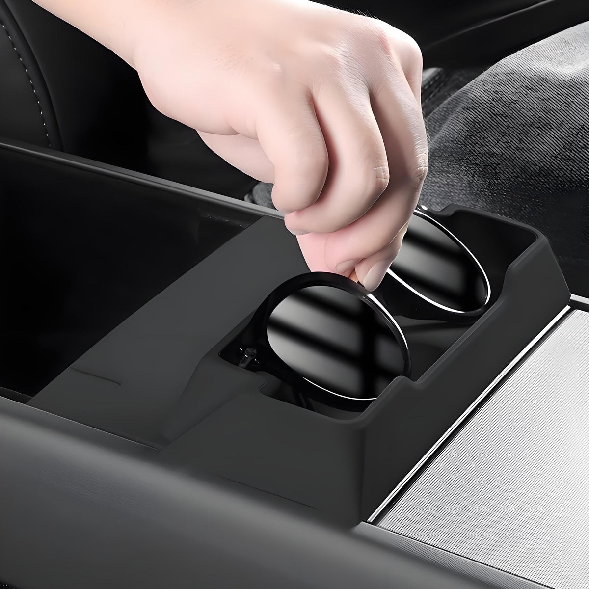Tesla Model Y Juniper and Model 3 Highland center console glasses tray by Tesery, storage box for organized interior storage.