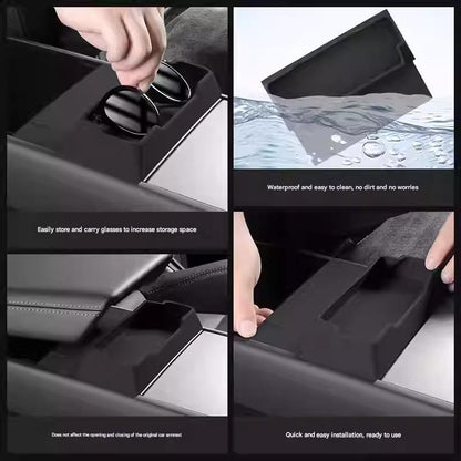 Tesla Model Y and Model 3 Highland center console glasses tray by Tesery, designed for organized storage in the vehicle's center console.