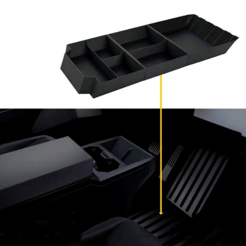 Cybertruck central storage box by Tesery Official Store, showing a sturdy, black storage compartment inside a Tesla Cybertruck.