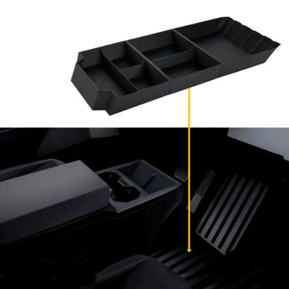Cybertruck central storage box by Tesery Official Store, showing a sturdy, black storage compartment inside a Tesla Cybertruck.
