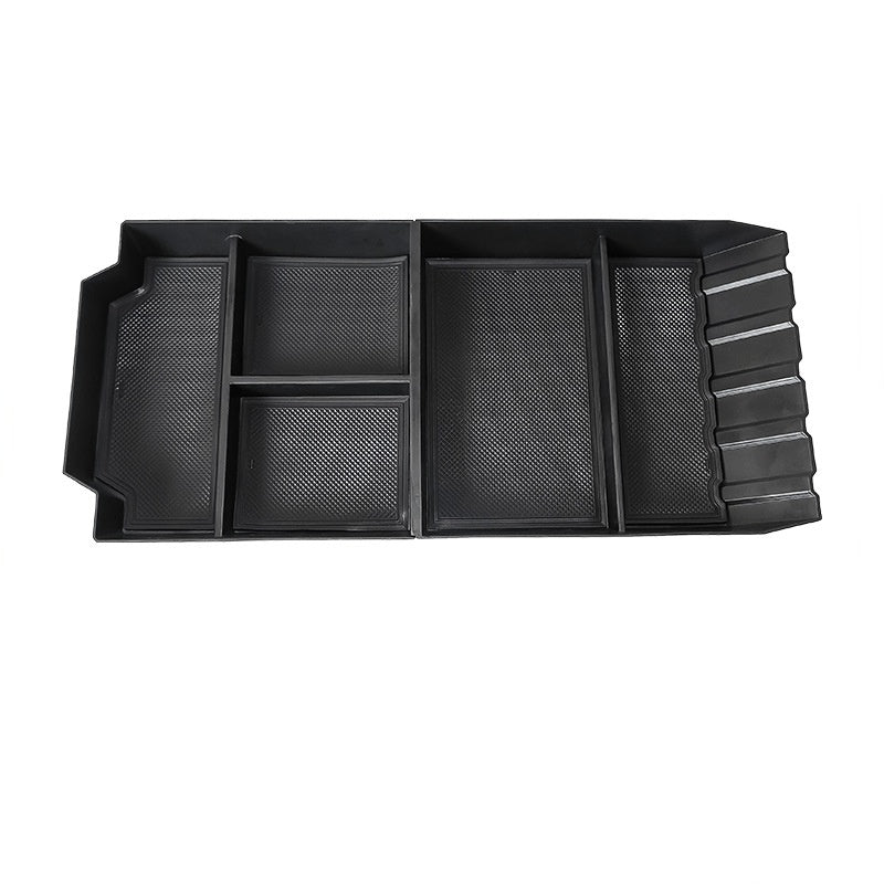 Cybertruck central storage box by Tesery Official Store, showing sturdy black plastic storage compartment inside the vehicle.