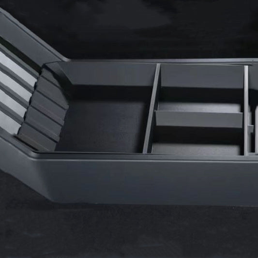Cybertruck central storage box by Tesery Official Store showing durable black plastic with secure lid and spacious interior.