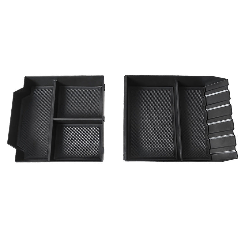 Cybertruck central storage box by Tesery Official Store, durable black plastic with secure lid and interior compartments.