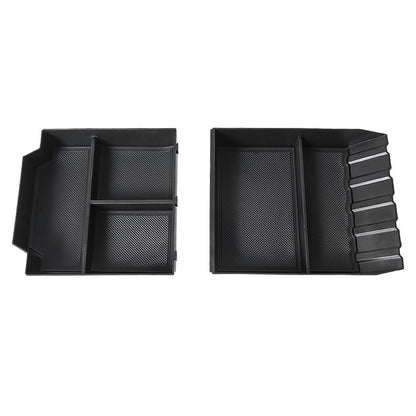 Cybertruck central storage box by Tesery Official Store, durable black plastic with secure lid and interior compartments.