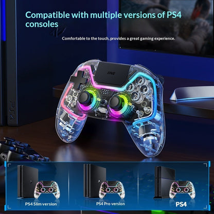 Wireless Bluetooth transparent game console controller with visible buttons and ergonomic design