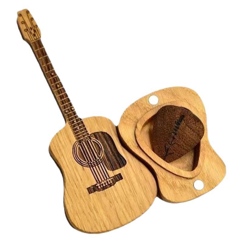 Personalized wooden guitar ornament with stand and guitar pick box gift set